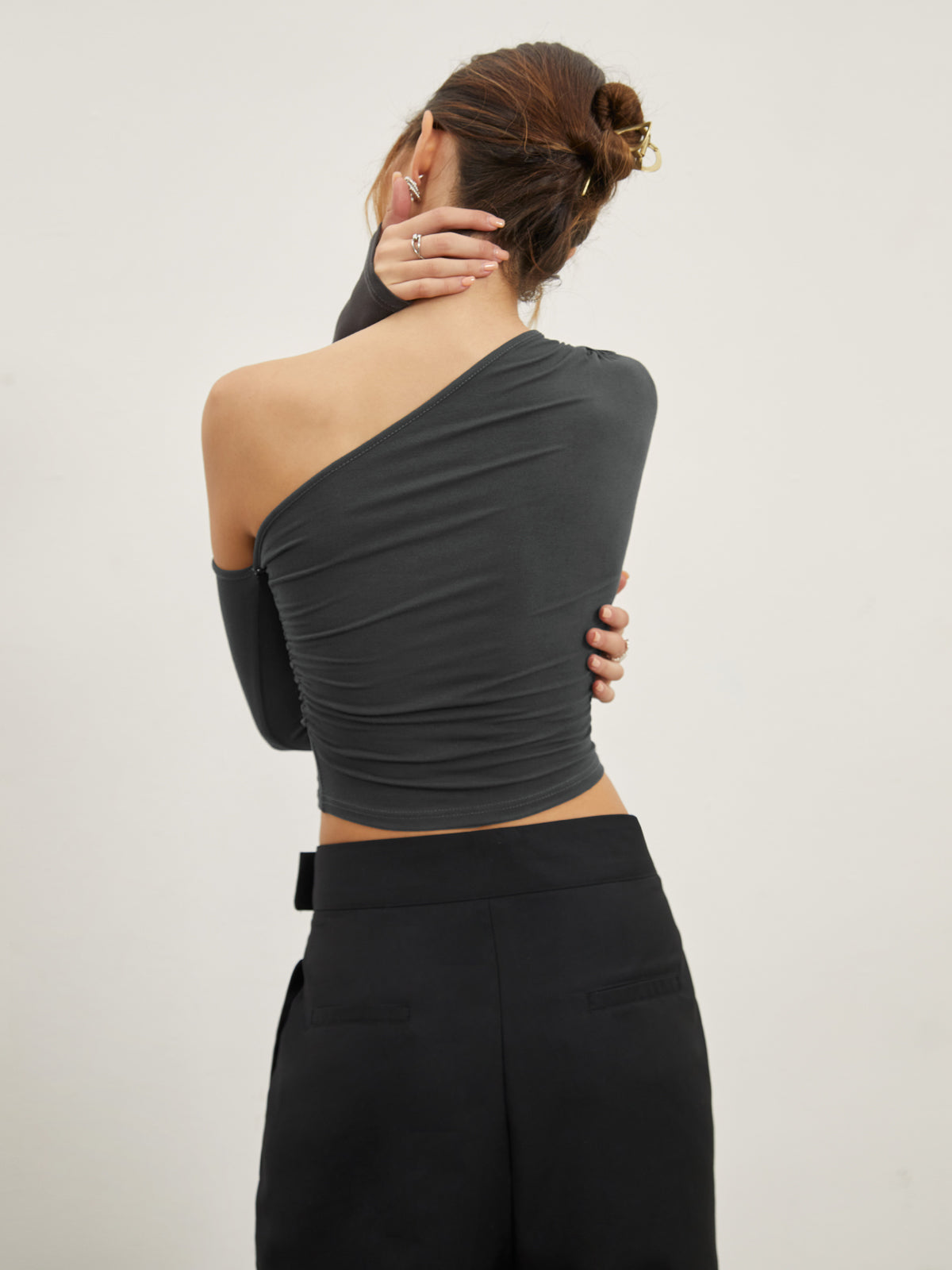 Asymmetric Sleeve Graceful Ruched Crop Shirt