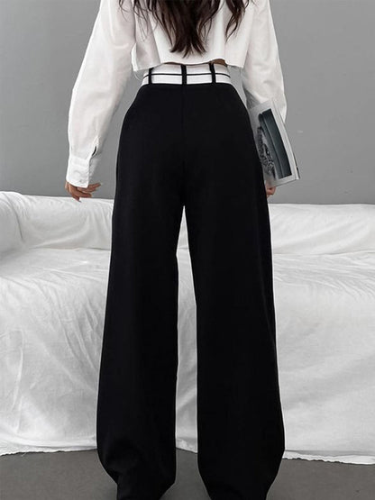 Asymmetrical Contrast Waistband Trendy Wide Leg Dress Pants