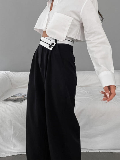 Asymmetrical Contrast Waistband Trendy Wide Leg Dress Pants