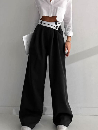 Asymmetrical Contrast Waistband Trendy Wide Leg Dress Pants