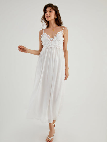 Aegean Guipure Lace Trendy Open Back Long Dress