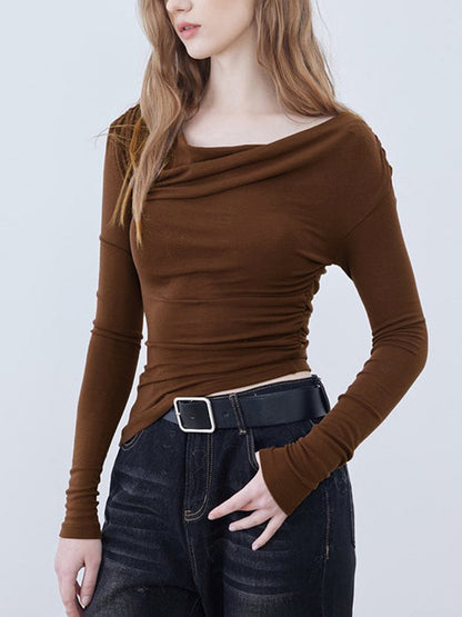 Asymmetric Neckline Ruched Trendy Long Sleeve Shirt