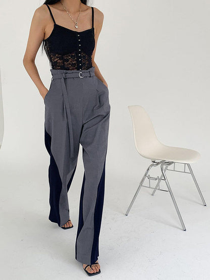 Belted Two Tone Trendy Wide Leg Pants