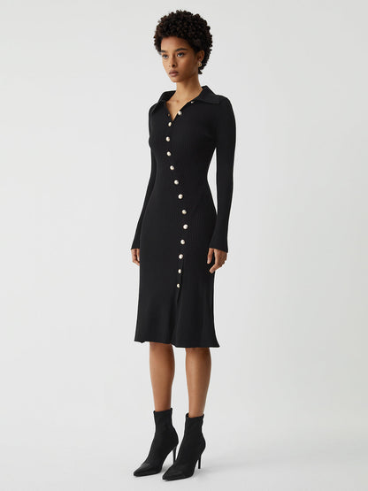 Asymmetric Button Down Long Modern Sleeve Midi Sweater Dress