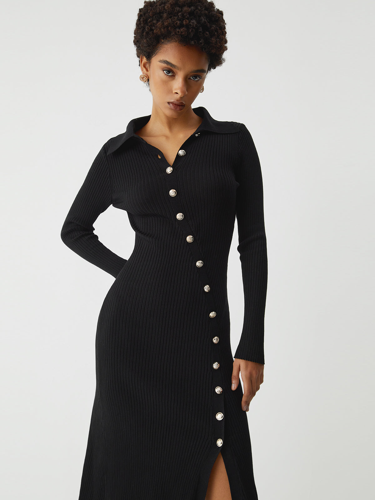 Asymmetric Button Down Long Modern Sleeve Midi Sweater Dress