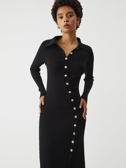 Asymmetric Button Down Long Modern Sleeve Midi Sweater Dress