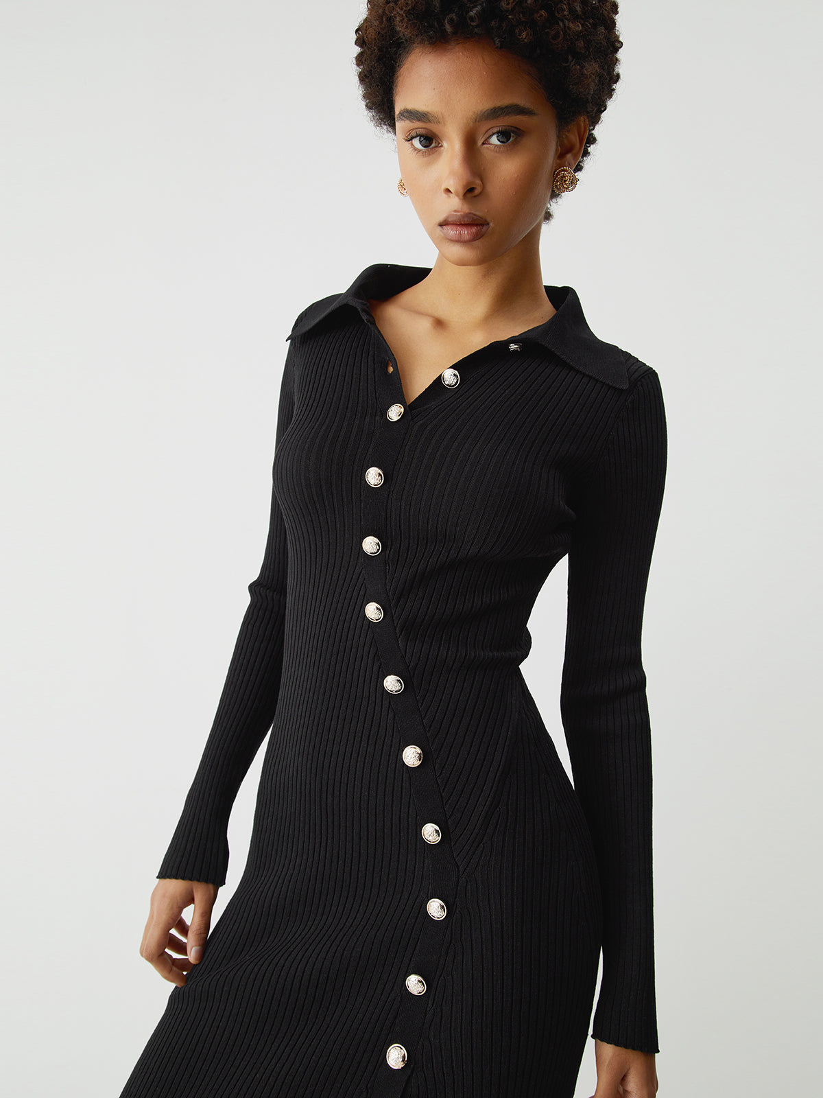 Asymmetric Button Down Long Modern Sleeve Midi Sweater Dress