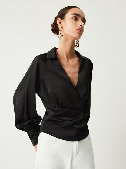 Cosybreezee - Trendy Satin Long Sleeve Blouse with Open Collar