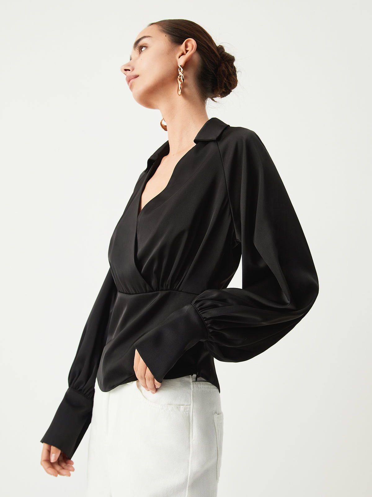 Cosybreezee - Trendy Satin Long Sleeve Blouse with Open Collar