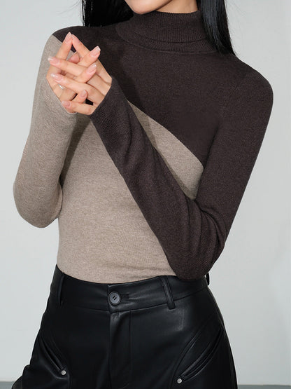 Asymmetric Patchwork Long Sleeve Modern Mock Neck Knit Top