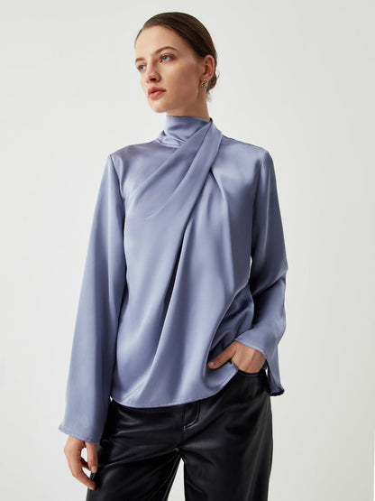 Asymmetric Pleated Graceful Turtleneck Satin Shirt