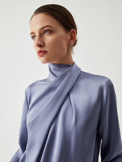 Asymmetric Pleated Graceful Turtleneck Satin Shirt