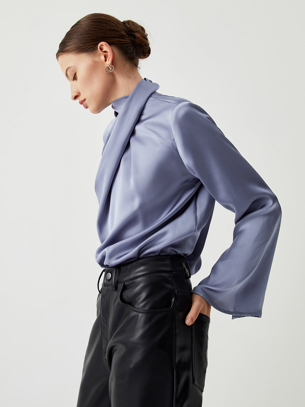 Asymmetric Pleated Graceful Turtleneck Satin Shirt