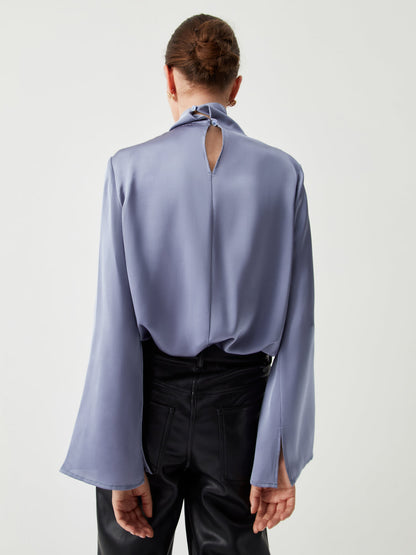 Asymmetric Pleated Graceful Turtleneck Satin Shirt