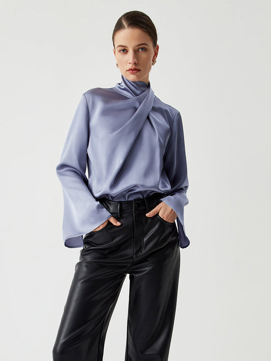 Asymmetric Pleated Graceful Turtleneck Satin Shirt