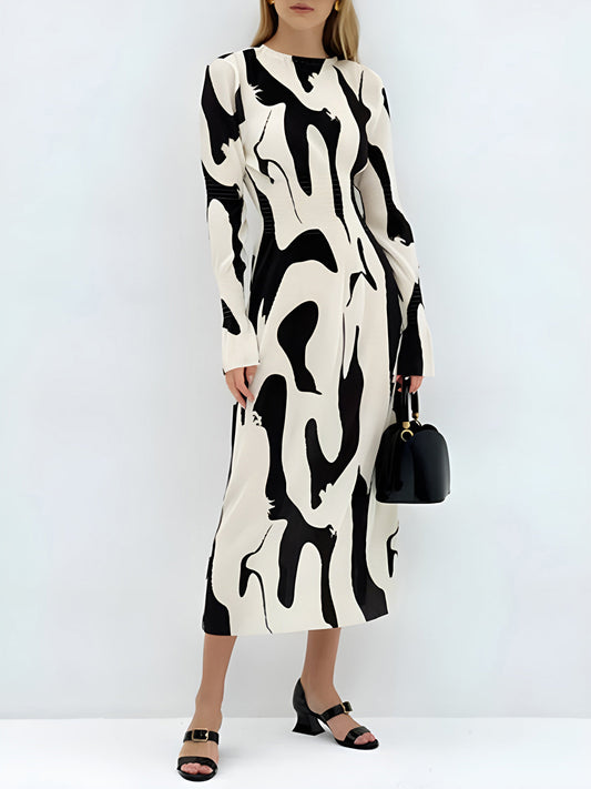 Colorblock Long Sleeve Crew Modern Neck Pleated Long Dress