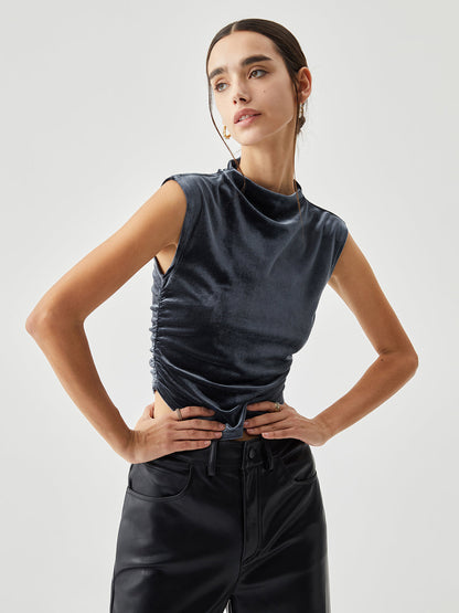 Cosybreezee - Velvet Draped Mock Neck Sleeveless Crop Top