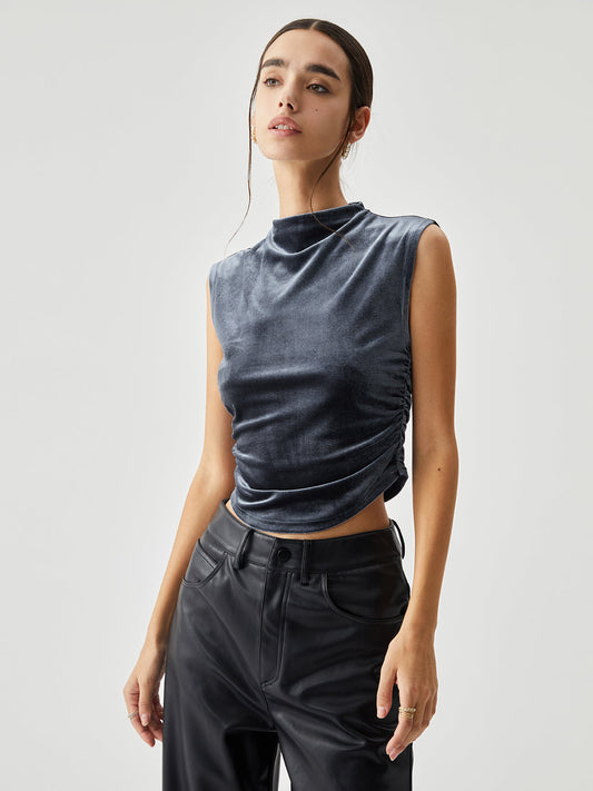 Cosybreezee - Velvet Draped Mock Neck Sleeveless Crop Top