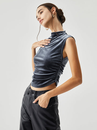 Cosybreezee - Velvet Draped Mock Neck Sleeveless Crop Top