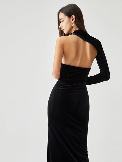 Asymmetric Sleeve Velvet Slit Modern Open Back Long Dress