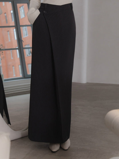 Asymmetric Slit Graceful Striped Long Skirt