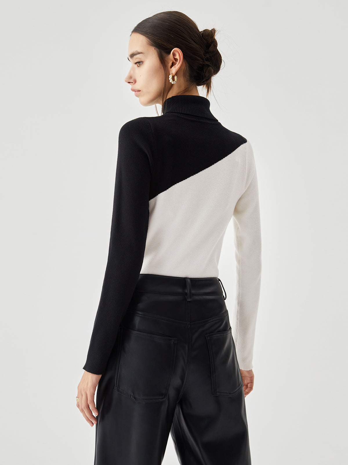 Asymmetric Patchwork Long Sleeve Modern Mock Neck Knit Top