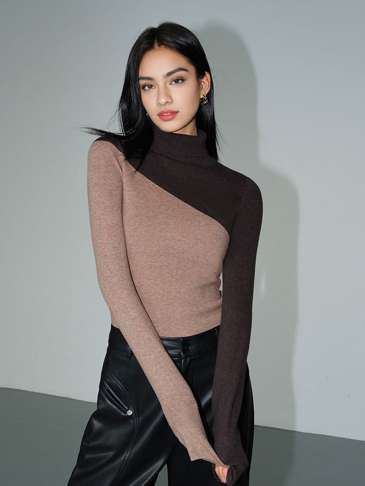 Asymmetric Patchwork Long Sleeve Modern Mock Neck Knit Top