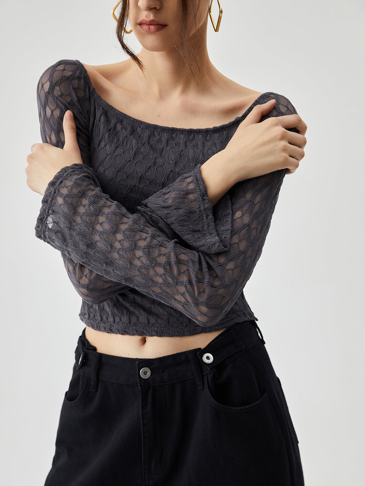 Cosybreezee - Trendy Mesh Boat Neck Crop Top