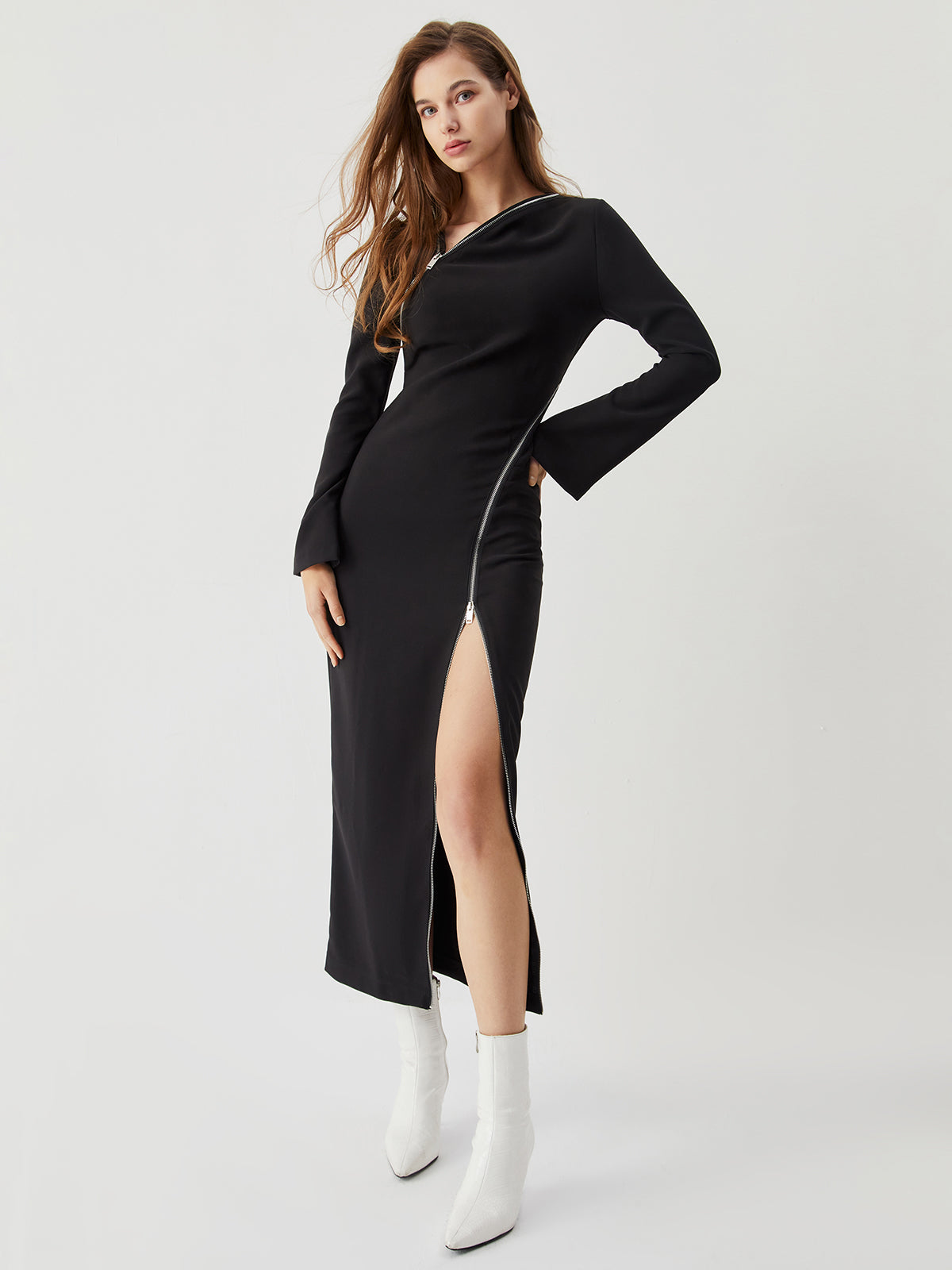 Asymmetrical Neck Zippered Split Modern Long Sleeve Midi Dress