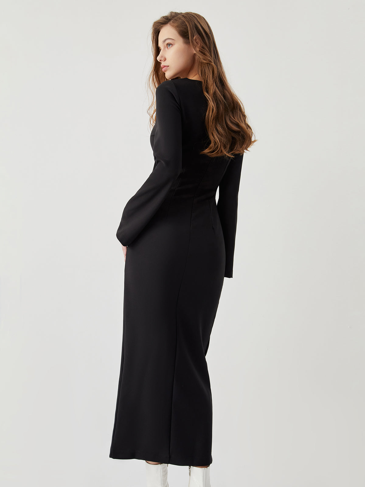 Asymmetrical Neck Zippered Split Modern Long Sleeve Midi Dress