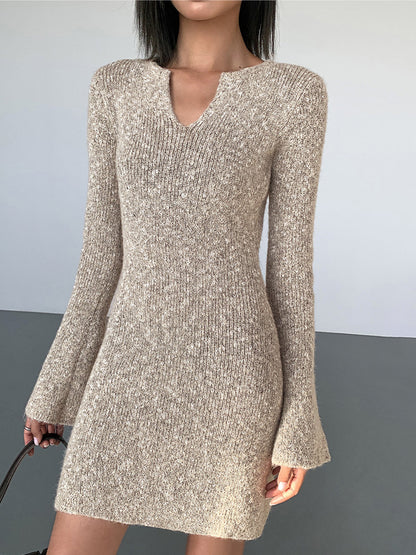 Bodycon V-neck Long Trendy Sleeve Mini Knit Dress