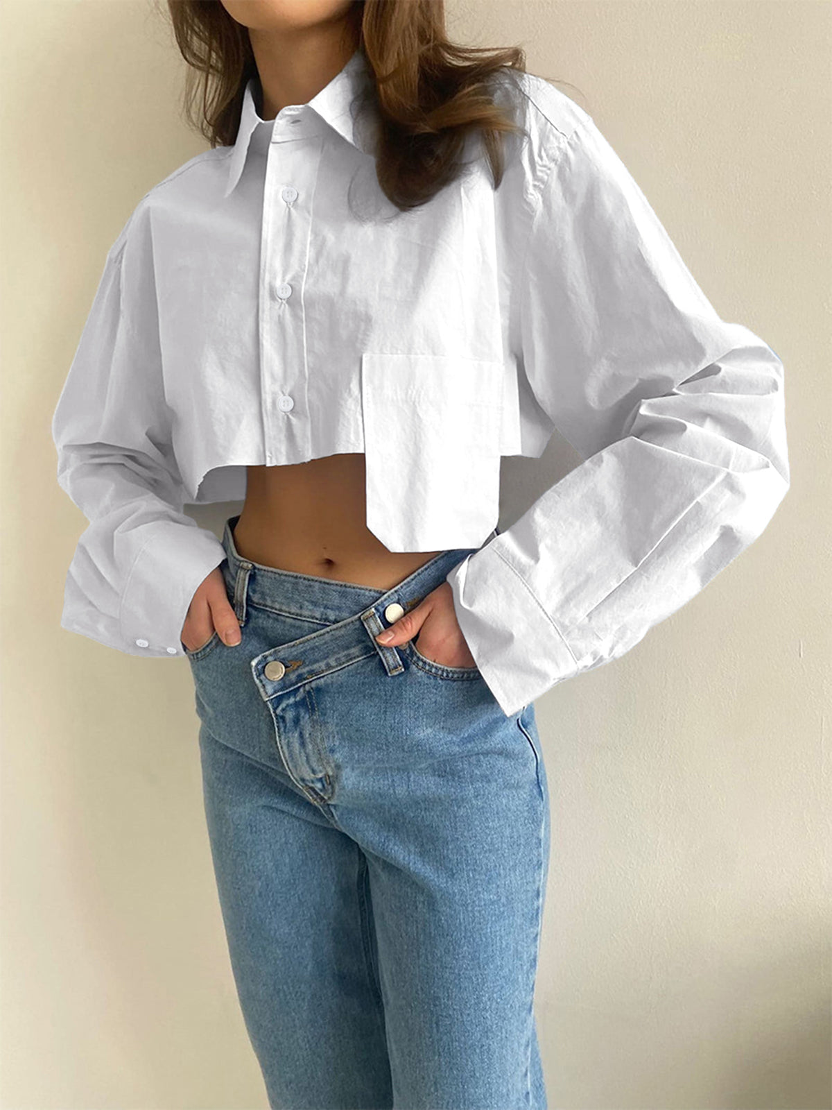 Asymmetrical Pocket Button Trendy Collar Crop Shirt