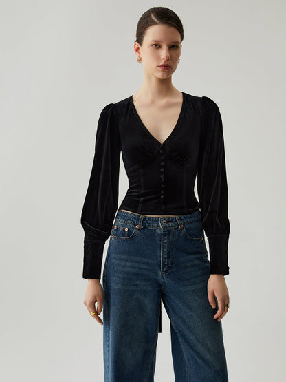 Cosybreezee - Velvet Buttoned V-neck Long Sleeve Crop Top