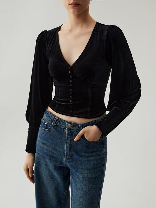 Cosybreezee - Velvet Buttoned V-neck Long Sleeve Crop Top