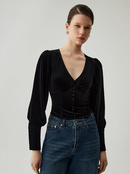 Cosybreezee - Velvet Buttoned V-neck Long Sleeve Crop Top