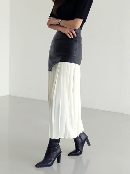 Asymmetric Patchwork Faux Leather Modern Chiffon Pleated Midi Skirt