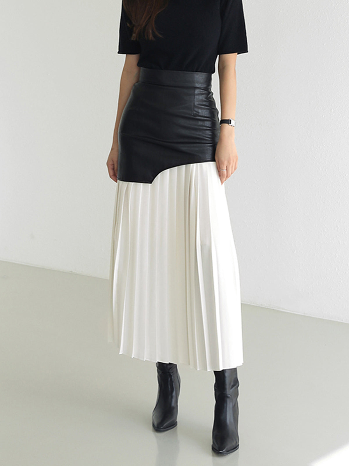 Asymmetric Patchwork Faux Leather Modern Chiffon Pleated Midi Skirt