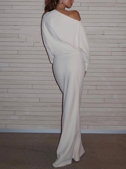 Asymmetrical Off Shoulder Solid Modern Long Sleeve Maxi Dress