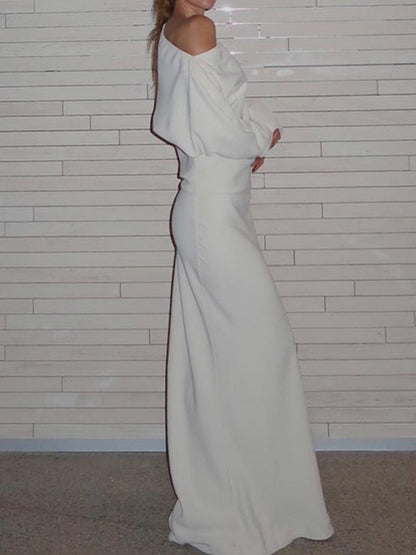 Asymmetrical Off Shoulder Solid Modern Long Sleeve Maxi Dress