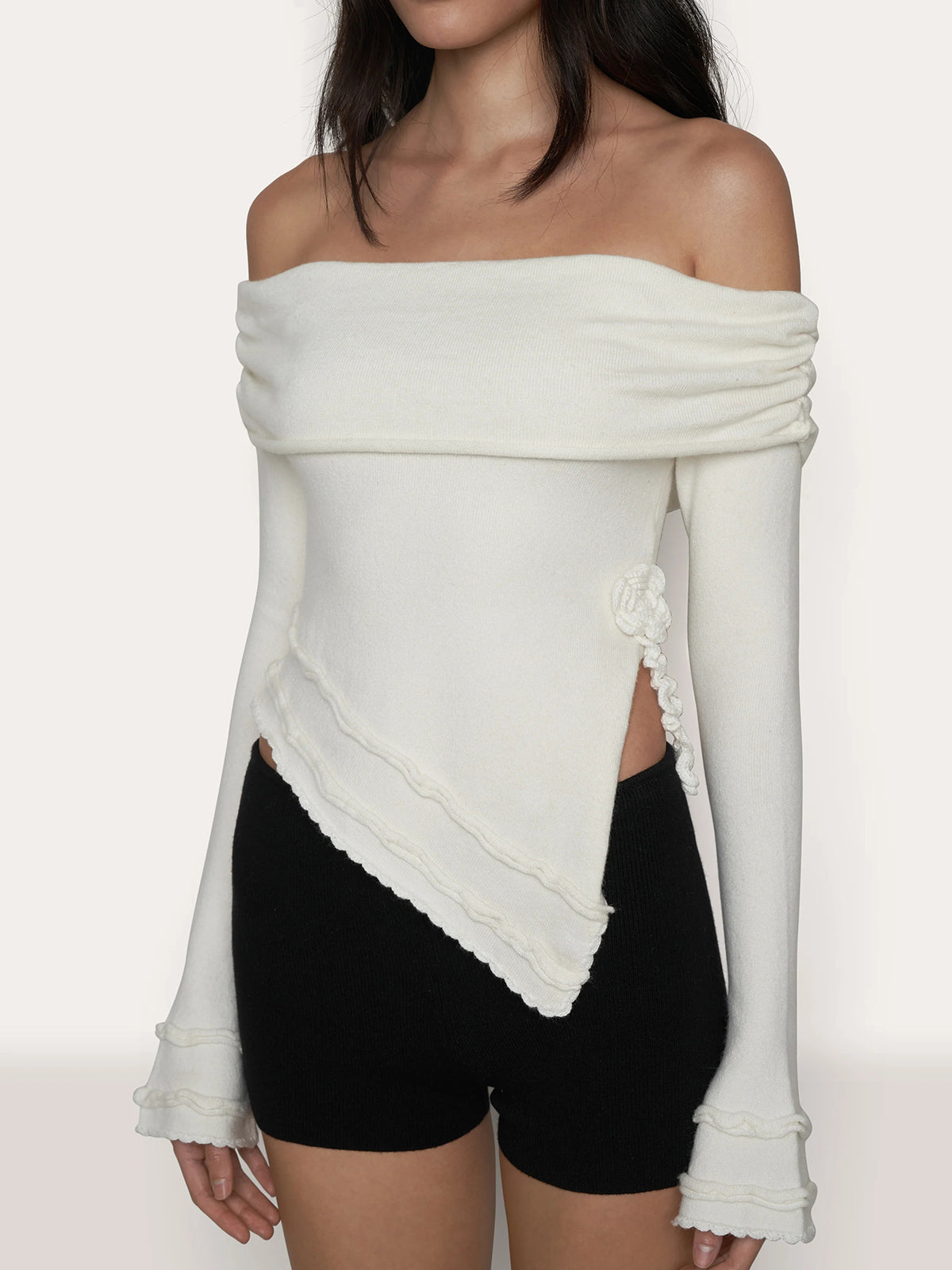 Asymmetrical Split Off Shoulder Modern Floral Cable Knit Top