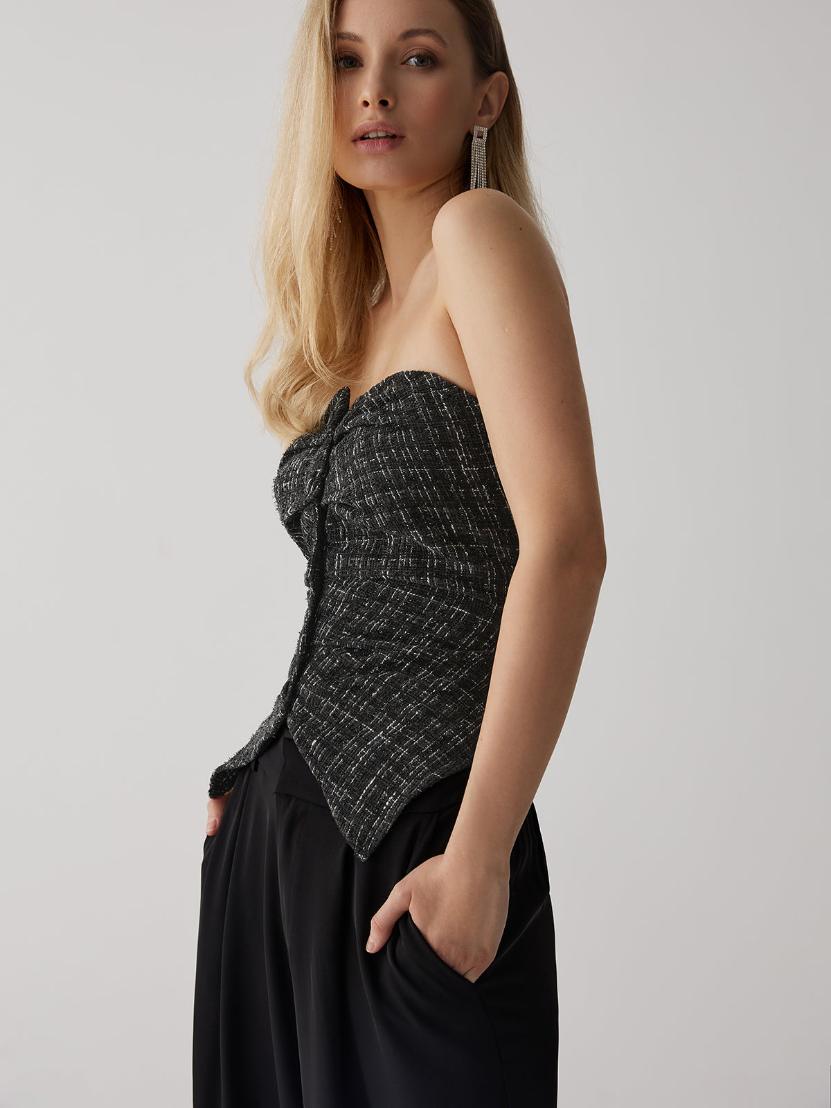 Cosybreezee - Tweed Button Ruched Tube Top