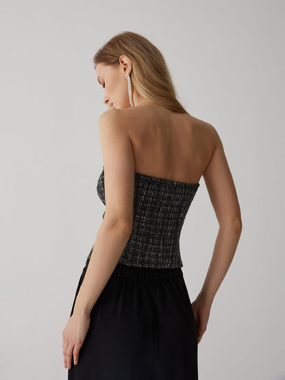 Cosybreezee - Tweed Button Ruched Tube Top