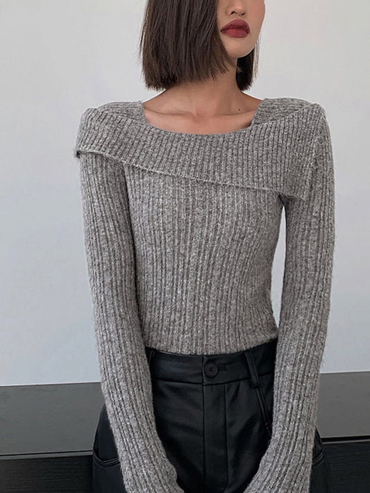 Asymmetric Overfold Square Neck Modern Long Sleeve Knit Top