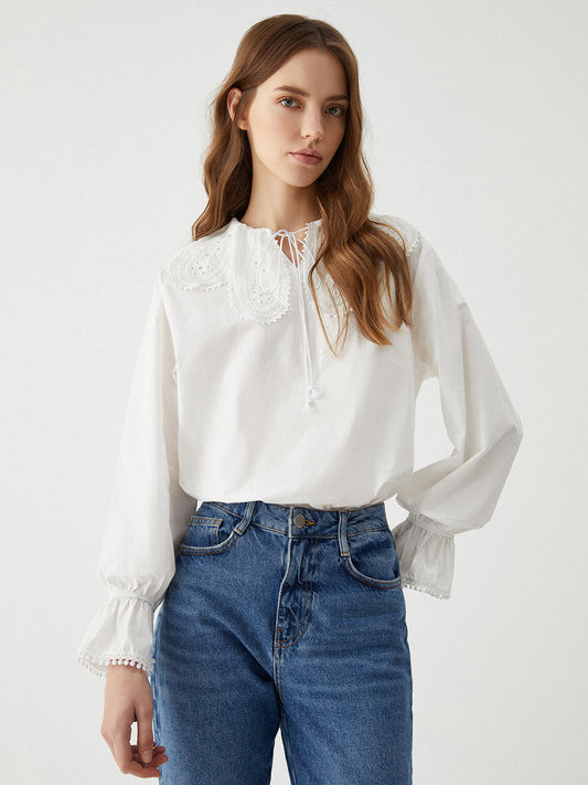 Cosybreezee - Trendy Lantern Sleeve Shirt with Ruffle Tie Neck