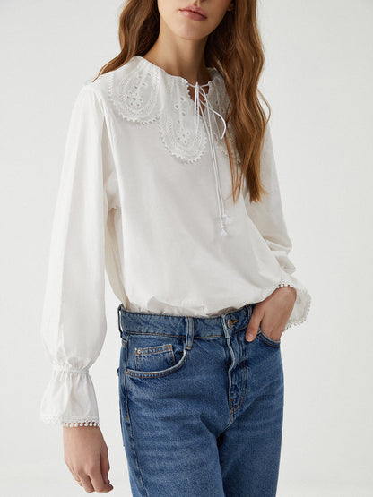 Cosybreezee - Trendy Lantern Sleeve Shirt with Ruffle Tie Neck