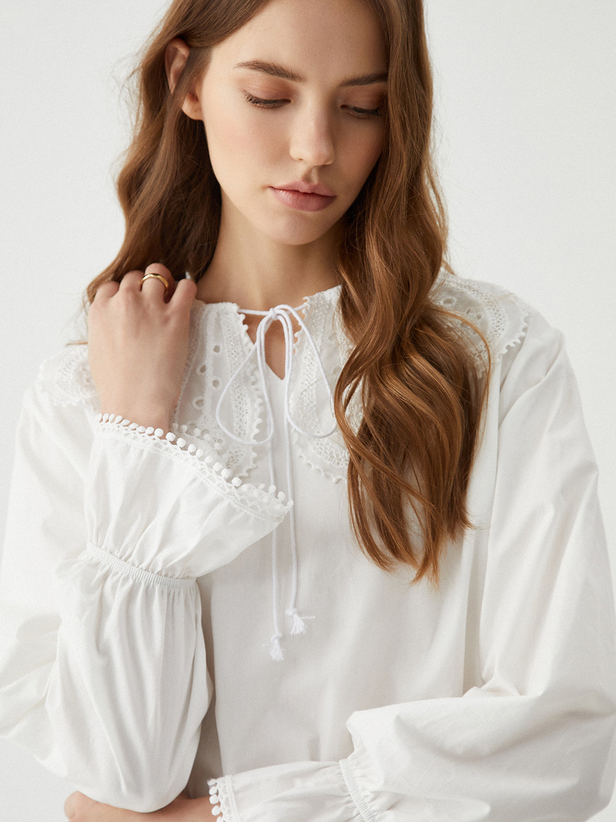 Cosybreezee - Trendy Lantern Sleeve Shirt with Ruffle Tie Neck