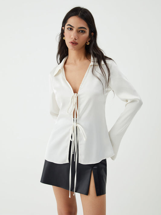 Cosybreezee - V-Neck Trendy Long Sleeve Blouse with Tie Up