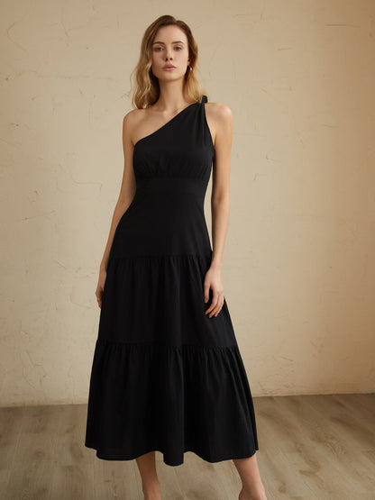 Asymmetric Shoulder Graceful Knotted Midi Dress