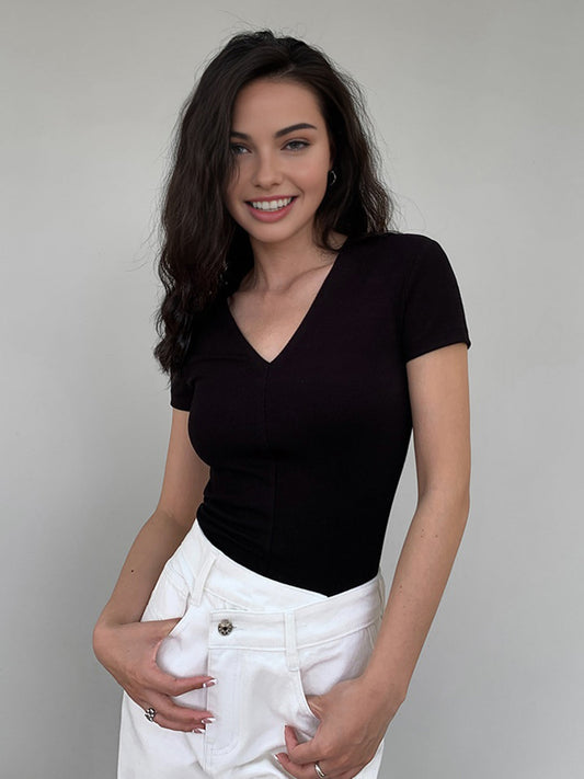 Cosybreezee - V Neck Trendy Snug Short Sleeve Top