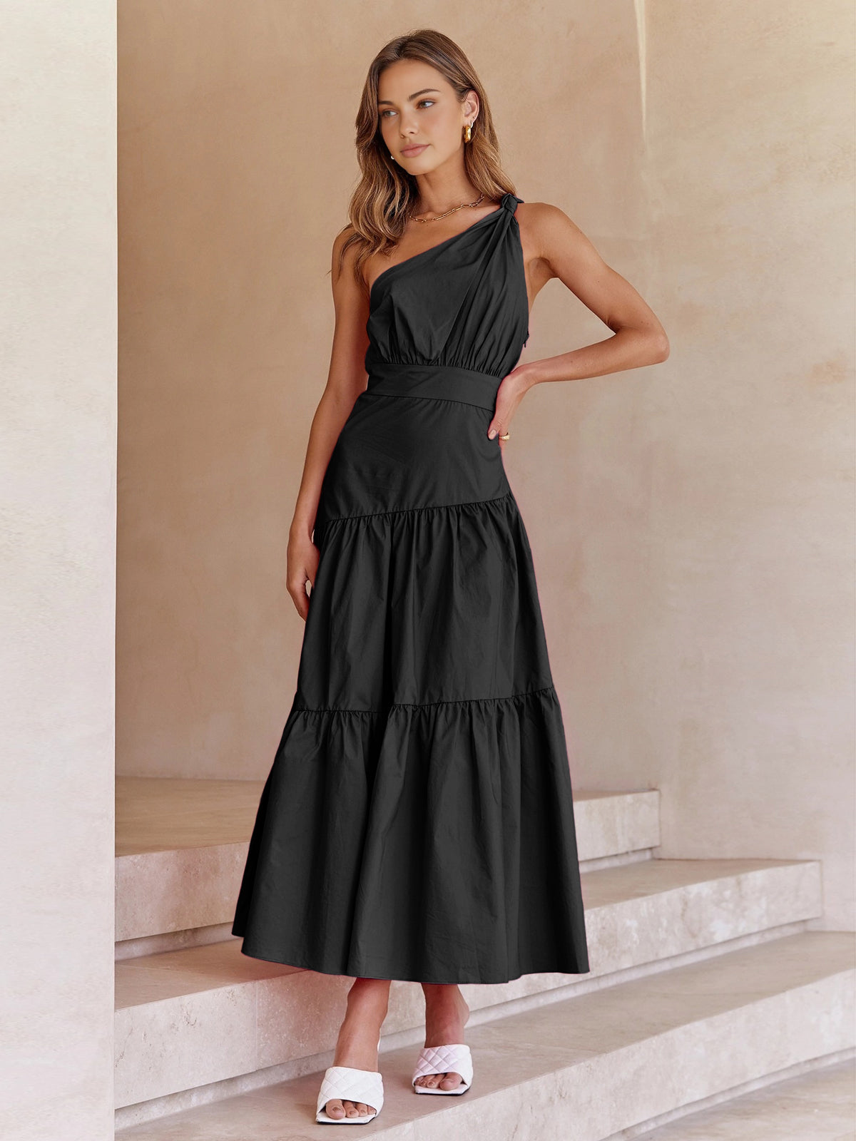 Asymmetric Shoulder Graceful Knotted Midi Dress